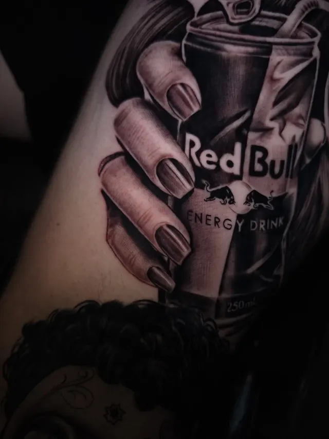 Tatuagem hiper-realista de lata de energético segurada na mão